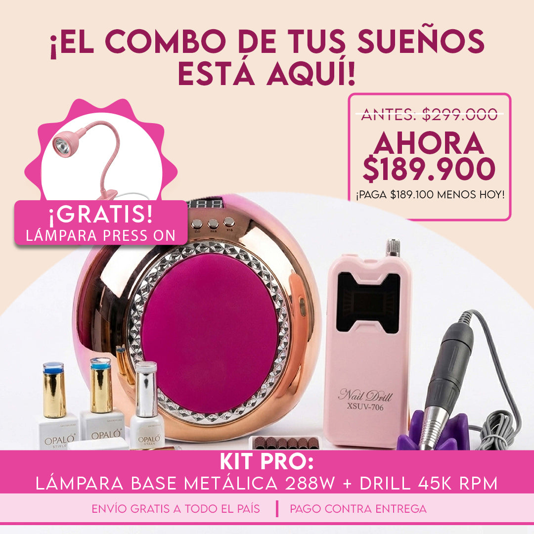 Kit Pro: Lámpara base metálica 288W + Drill 45k RPM + Lámpara Press On GRATIS