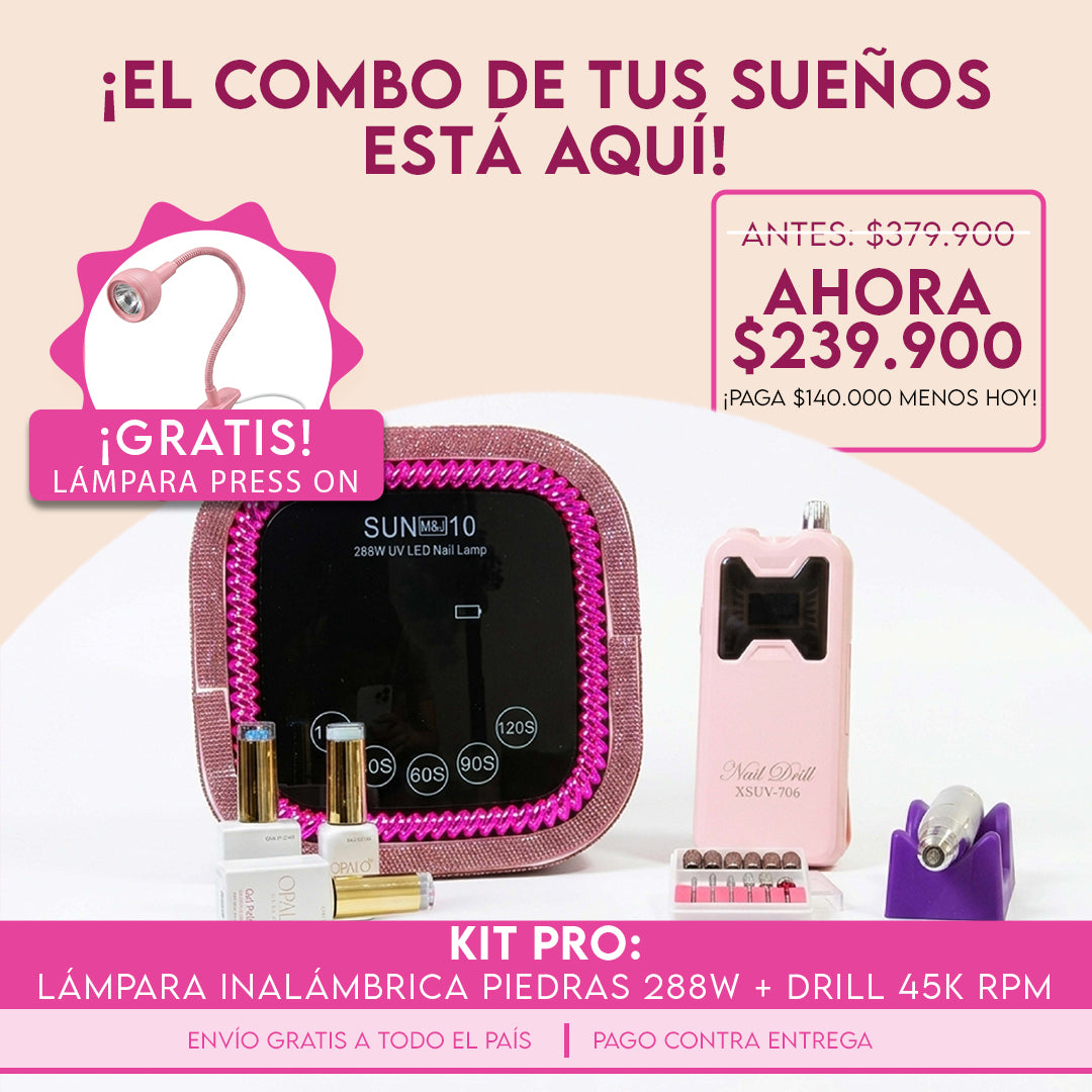 Kit Pro: Lámpara inalámbrica piedras 288W + Drill 45k RPM + Lámpara Press On GRATIS